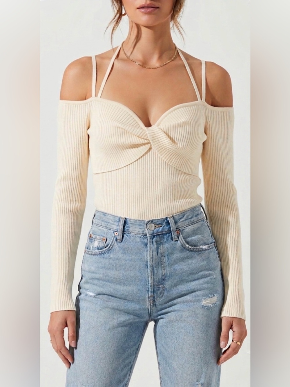 NWT ASTR The Label Cream Ribbed Knit Off-the-Shoulder Twist Front Top – Size XL